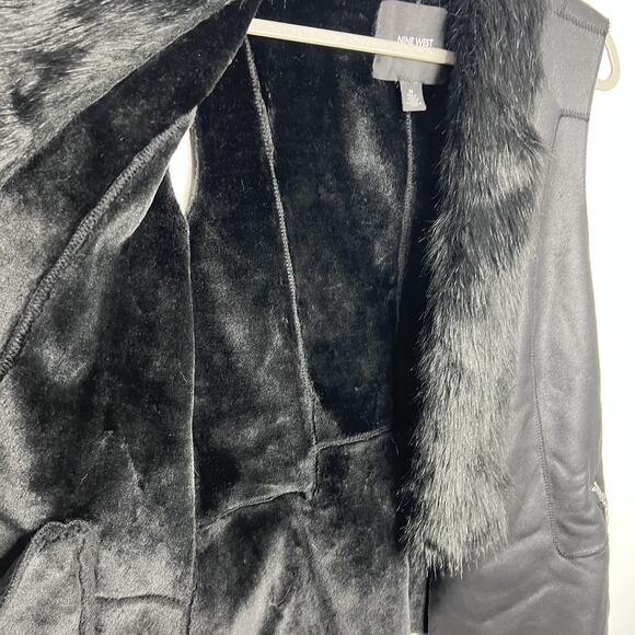 Nine West Jeans Vest Womens‎ Medium Black Faux Fur Collar Moto Zipper Pockets - Picture 10 of 10